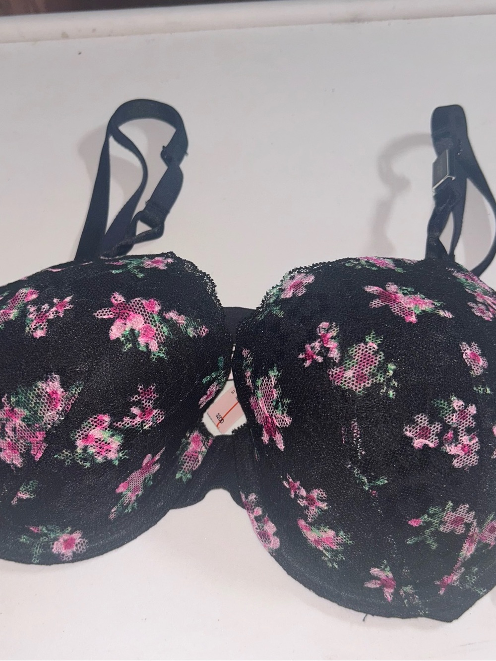 Victoria's Secret Black Lace Floral Push-Up Bra with Pink & Green Accents